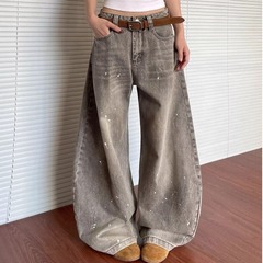 漆点泼墨水洗灰做旧阔腿牛仔裤男cleanfit美式复古宽松休闲弯刀裤