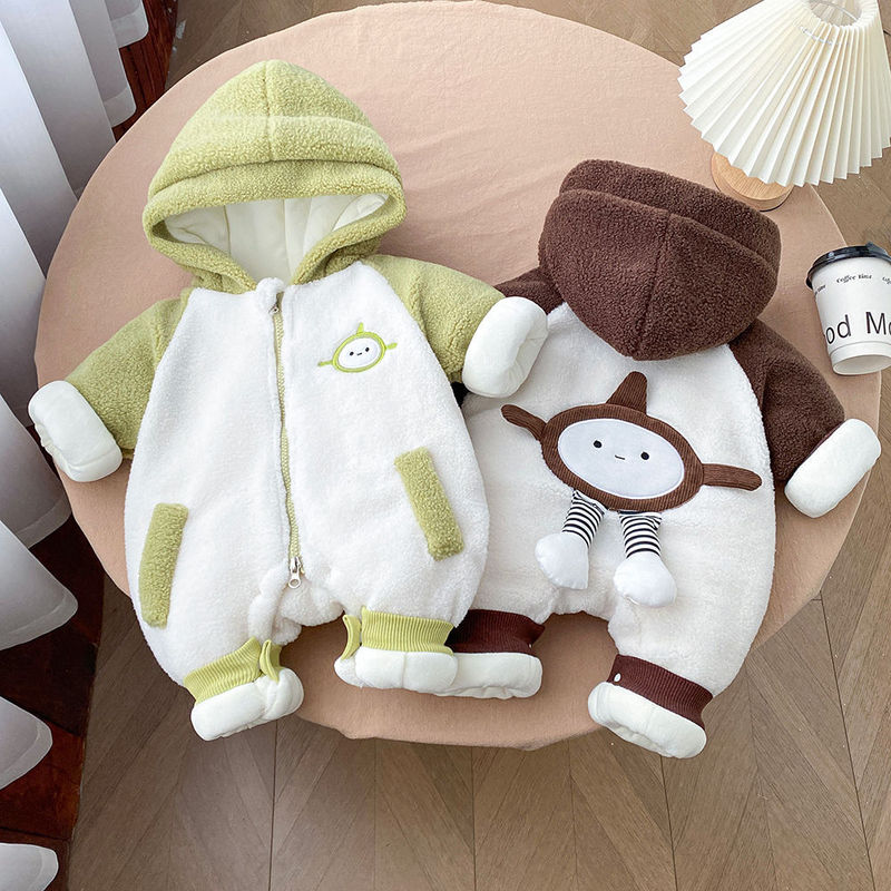 Infant Teddy Velvet One-Piece Winter Long Crawling Egg Baby Plus Velvet, Cotton and Thickened Windproof and Warm Outing Clothes