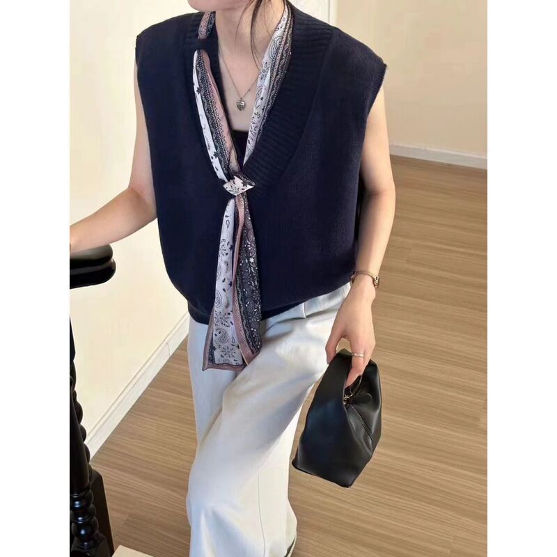 韩系v领纯色丝带针织马甲女2025秋冬季新款宽松百搭气质毛衣背心|undefined