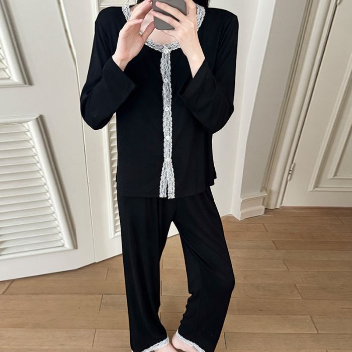 秋冬季带胸垫长袖睡衣女士休闲甜美花边长裤家居服两件套装开衫|undefined