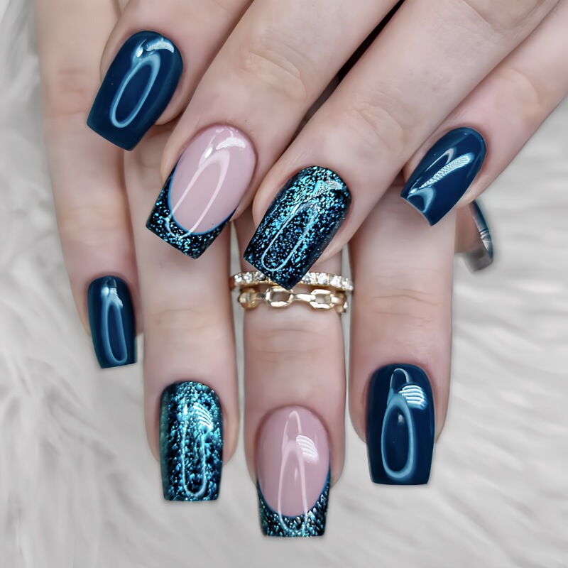 Cross-Border Chinese-Style Dark Blue French Manicure Nail Patches, Fluorescent Dazzling Press-On Nails, Fake Nails Cross-Border Chinese-Style Dark Blue French Manicure Nail Patches, Fluorescent Dazzling Press-On Nails, Fake Nails