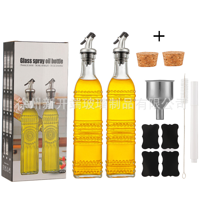Botella de aceite de vidrio Amazon 500ml dispensador de olla de aceite de oliva verde oscuro Juego de botella de vinagre transfronterizo