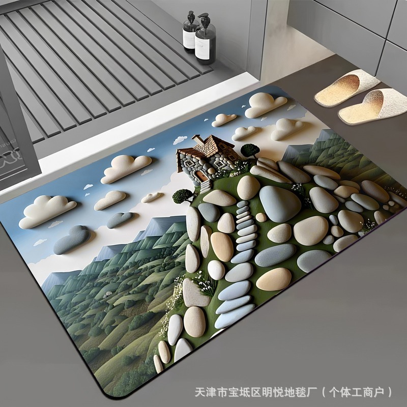3D 小石漫画フロアマット珪藻泥玄関ドアマットキッチン吸水性ノンスリップ浴室ドアトイレ玄関マット|undefined