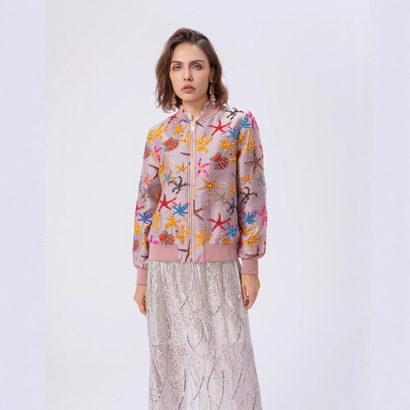 European and American Style Women's Clothing 2025 Autum Baseball Collar Starfish Shell Stereo Exquisite Embroider Rib Cuff Jacket