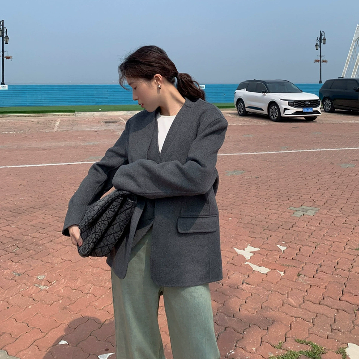 [Нет возможности возврата или обмена] Шерстяной пиджак в корейском стиле для женщин, высококачественное двустороннее шерстяное пальто средней длины для женщин, зимний сезон.