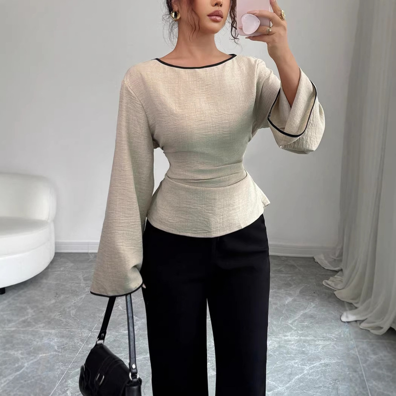 In-Stock 2026 Cross-Border European and American New Style Solid Color Fashion Casual Versatile Waist-Cinching Boat Neck Unique Street Style Flared Long Sleeves