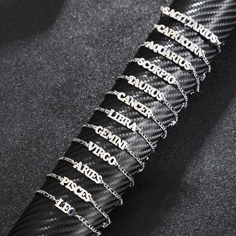 Cross-Border Hot Product Beach Stainless Steel Twelve Constellations Letter Plate Bracelet Anklet Personalized Figaro Nk Chain in Stock