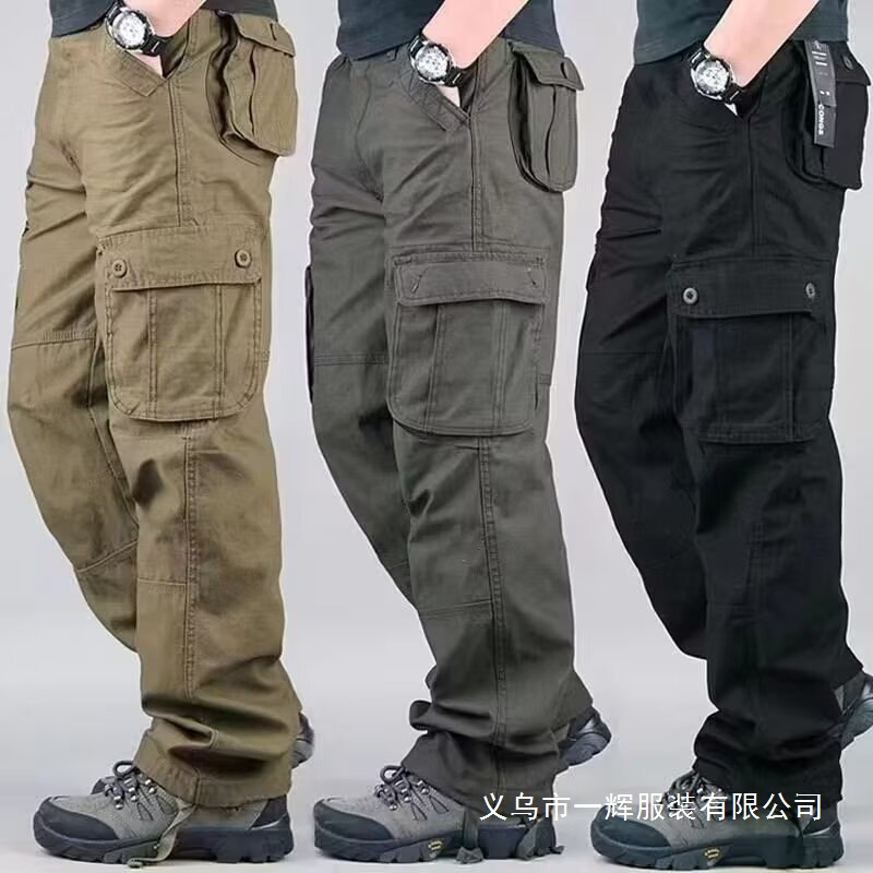 Trendy Outdoor Cargo Pants for Men, Loose Large Size Multi-Pocket Long Pants, Trendy Straight-Leg Casual Pants, Wear-Resistant, Washed, Wholesale