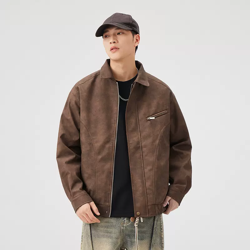 男装美式工装高级感PU皮外套2025春秋季新款美拉德麂皮绒夹克