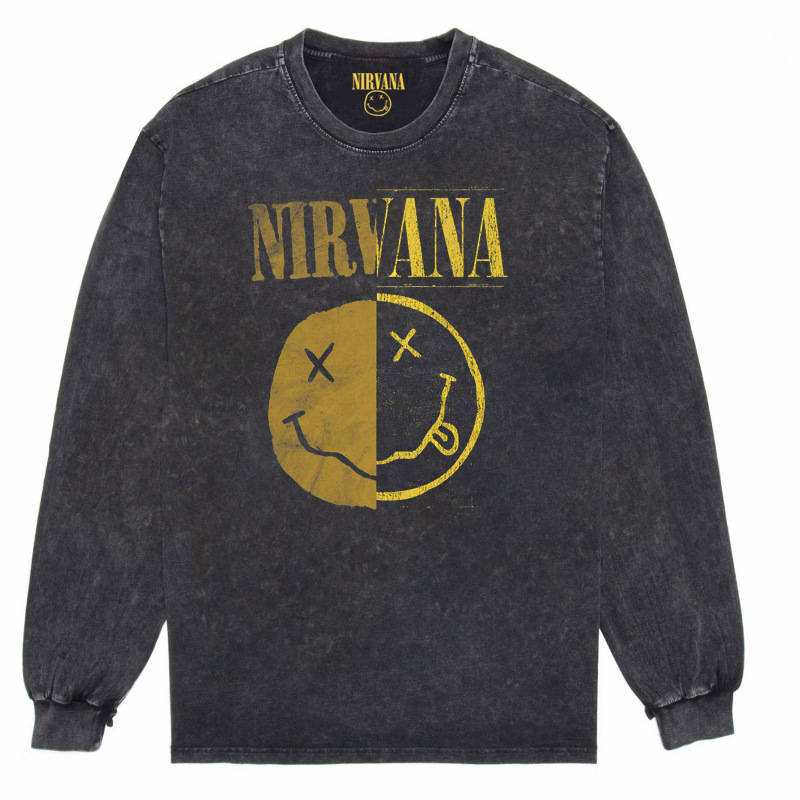 Nirvana Vintage American retro apenado rock punk angustiado lavado batik Camiseta de manga larga