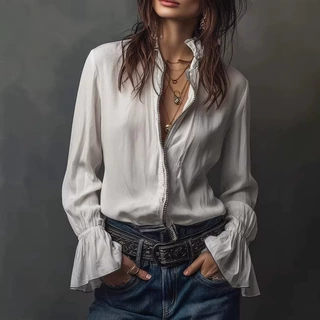 欧美跨境亚马逊宽松时尚长袖拉链纯色圆领女上衣衬衫版型休闲百搭