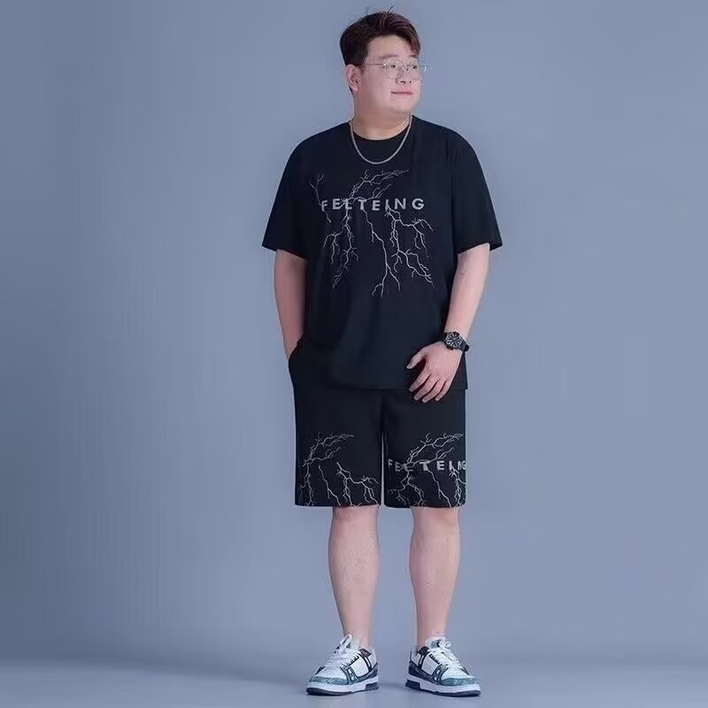 夏用の太った男性向けの大きいサイズのアイスシルクスポーツスーツ、プラスサイズ、ゆったりとしたカジュアルな速乾性の涼しい半袖ショーツ|undefined