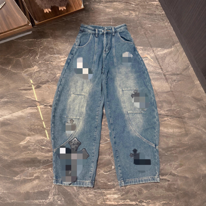 Ch Crowe Cross-Border Four-Season New Cross-Pattern Glitter Leather Logging Scimitar Jeans with Fleece Lining Scimitar Pants