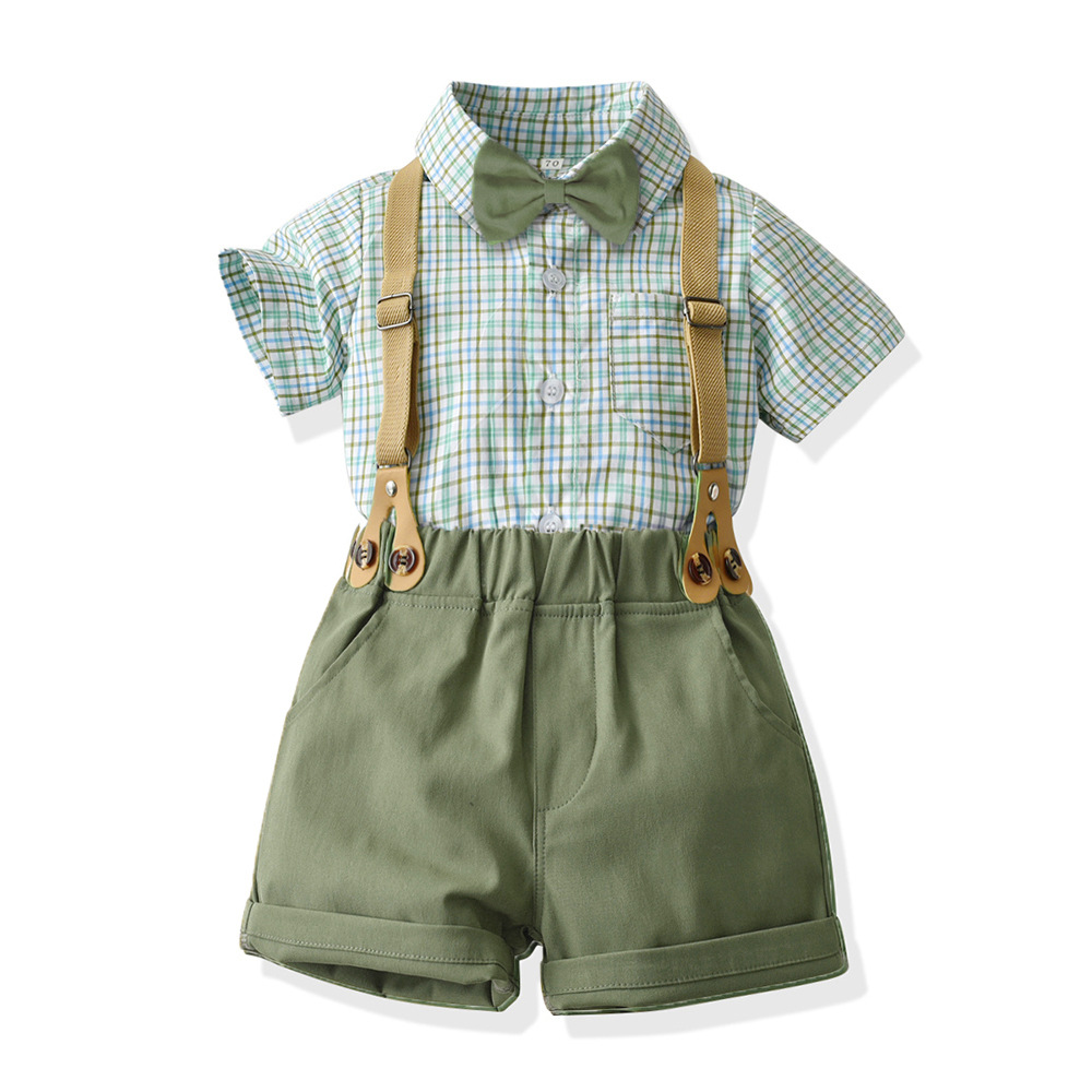 Verano de moda coreana corbata de color sólido camisa de manga corta para niños correa clip pantalones cortos vestido traje de rendimiento