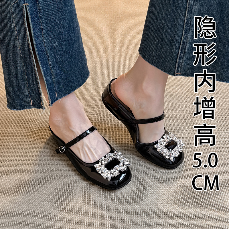 A63-6法式内2026圆头水钻方扣包头凉拖鞋外穿漆皮玛丽珍鞋女