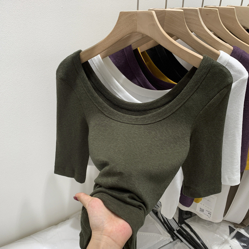 Affordable Women's Fashion Simple Korean Style Large U-Neck Right Shoulder Short-Sleeved T-Shirt for Women 2025 Summer New Purple Unique Top