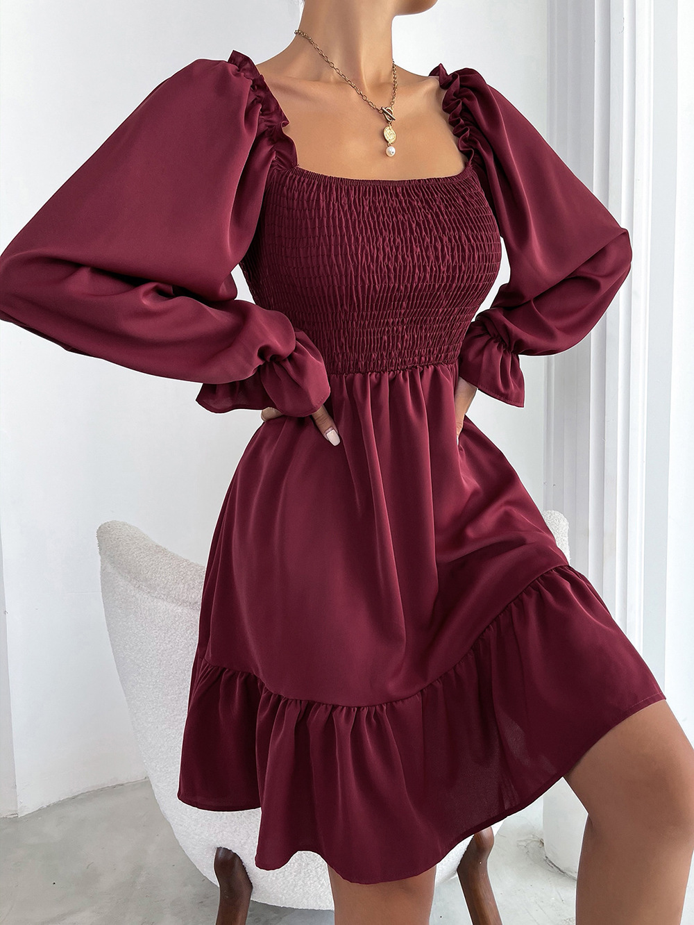 374g Weight Knee-Length Dress Length Type Long Sleeve Sleeve Length A-Line Skirt Dresses Type Flounce Sleeve Sleeve Type Polyester Fabric Type High Waist Waist Line Daily Occasion Square Neck Neckline Regular Fit Fit Type Solid Color Pattern Summer, Spring, Autumn Season Women'S Gender Ruffles Design Fashion Style Wholesale Women'S Fashion Ruffles Solid Color Daily Square Neck Long Sleeve A-Line Skirt 22
