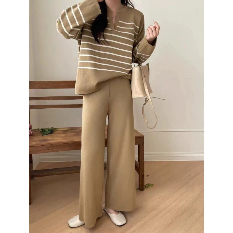 Knitted trousers set, Korean style, high‑waist wide‑leg, Camel/Apricot/Black, S–XL