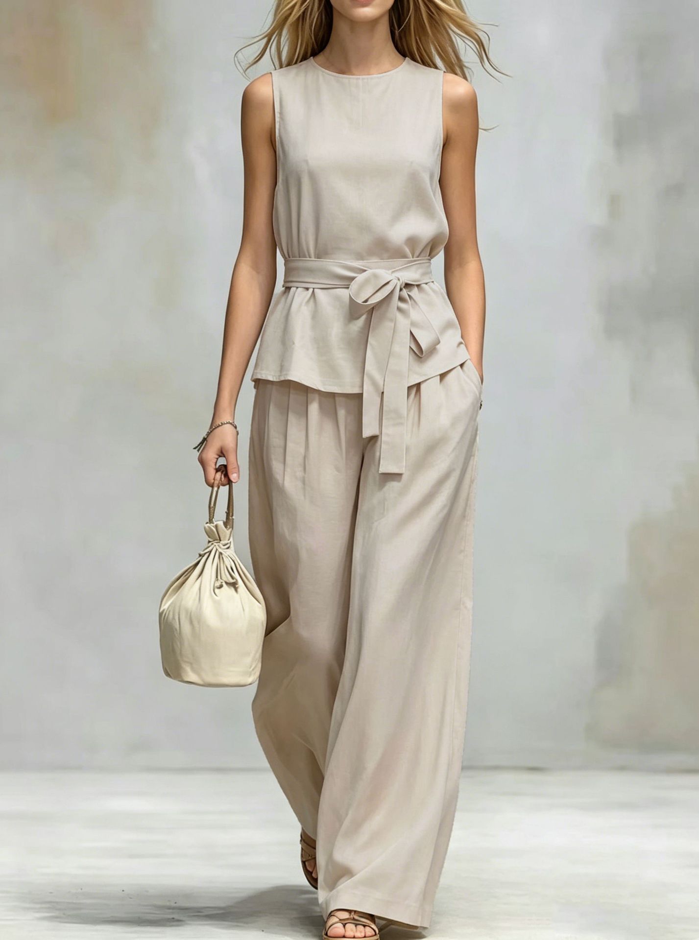 Women's Clothing Women's Spring Summer Two Piece Set Sleeveless Top And Belted Pants Casual Solid Color Style_ecoleips.com