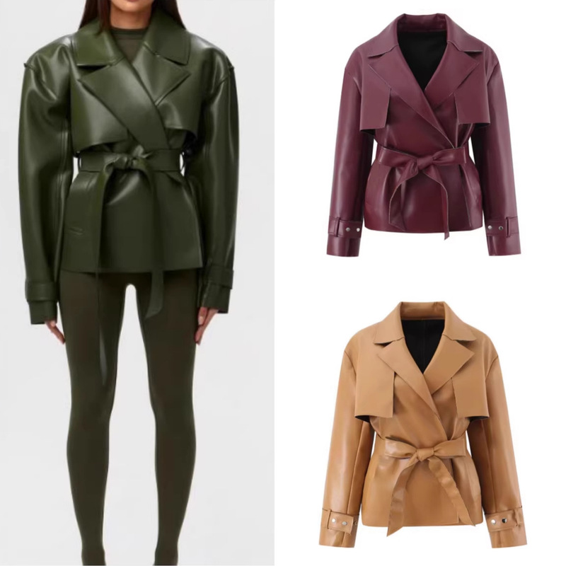 New European and American Style Women's Fashion: Elegant and Simple Lapel Long-Sleeve Pu Leather Jacket with Bow Tie and Waist Cinching