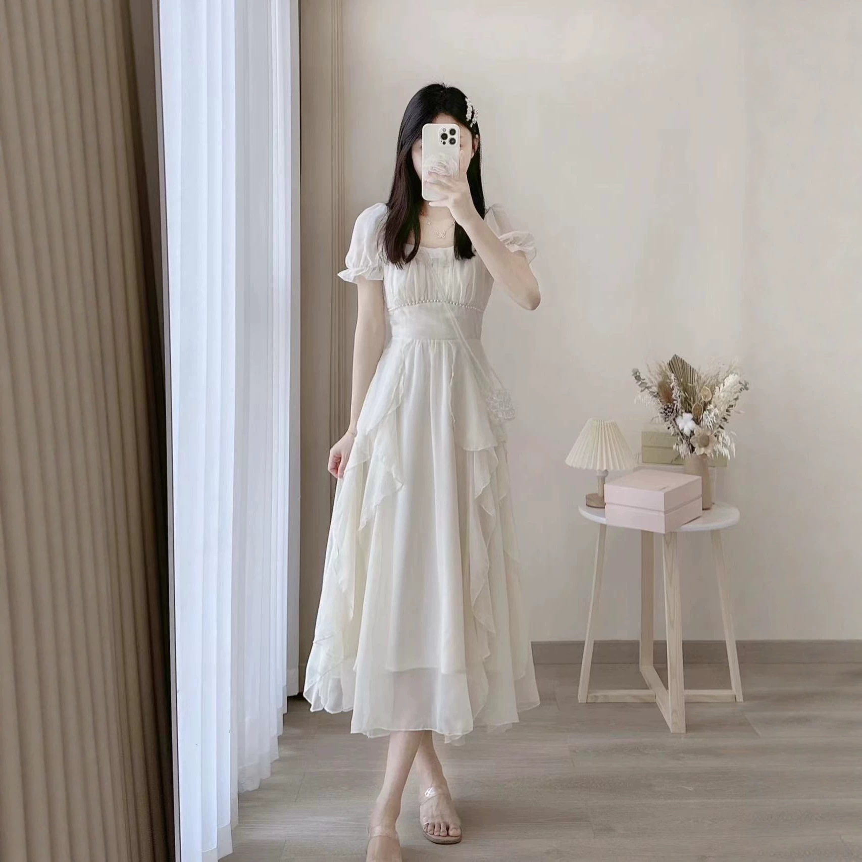 Váy maxi nữ thắt eo chất liệu voan mềm mại, dáng suông dài quá gối — màu hồng chi tiết 2