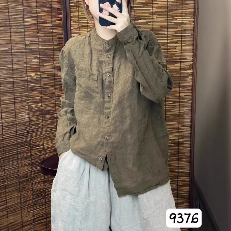 新品韩版宽松简约砂洗亚麻立领纯色衬衫百搭休闲衬衣女|undefined