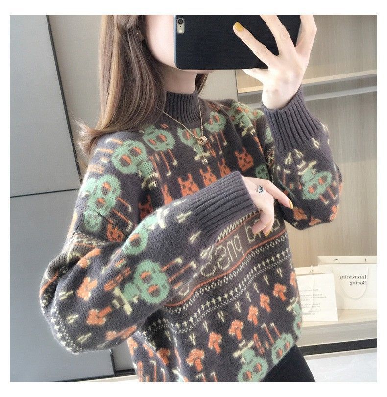 【 Cashmere Family】 Maglione da donna in maglia spessa con cappuccio, collo alto e corto, base in lana larga_voghion.com