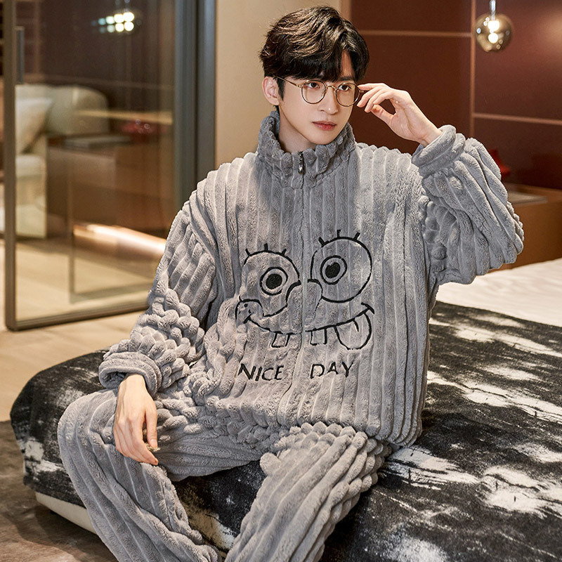 (2개) 겨울 산호 벨벳 남성용 잠옷, 남성용 새 스타일 플러스 벨벳, 두껍고 뚱뚱한 플러스 사이즈 플란넬 가정복 세트
