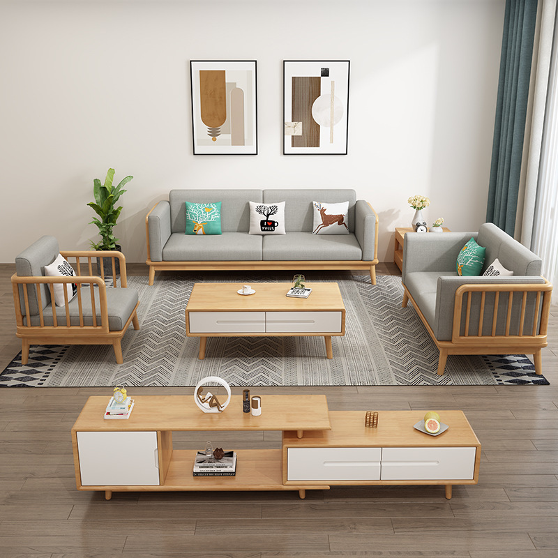 Invierno y Verano de doble uso nórdico de madera maciza sofá tela simple pequeño apartamento de tres asientos concubina imperial blanco mesa de café combinación