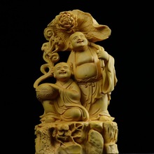 黄杨木雕和合二圣佛像摆件 创意实木居家卧室客厅装饰人物工艺品