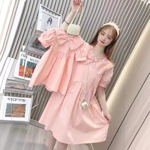 New 2024 Summer Children's Korean Style Cute and Stylish Pearl Solid Color Dress Parent-Child Set Whitening and Elegant Women's Dress