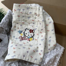 kitty猫咪印花牛仔短裤女2025夏外穿新款休闲百搭显瘦直筒热裤