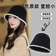 新款日系学生大头围秋冬帽子女百搭毛绒拼接针织保暖毛线渔夫帽子