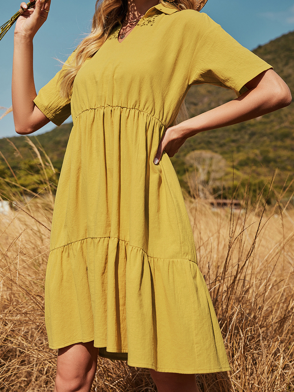 slim V-neck cotton yellow dress NSDF51534