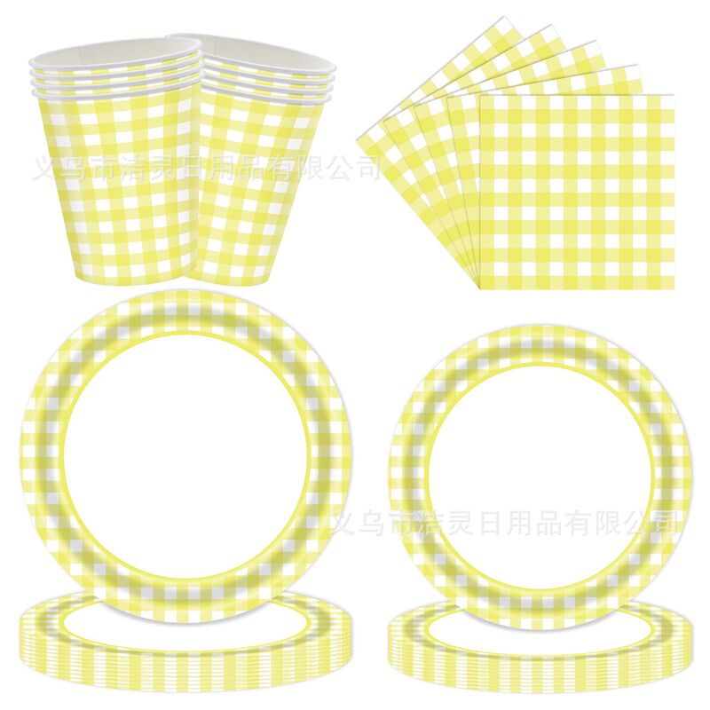 New Yellow Plaid Theme Party Decoration Birthday Holiday Disposable Paper Plate Paper Cup Tissue Tableware Set New Yellow Plaid Theme Party Decoration Birthday Holiday Disposable Paper Plate Paper Cup Tissue Tableware Set