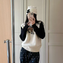 25新款圆领撞色可爱小鹿提花图案针织衫长袖毛衣上衣显瘦打底衫