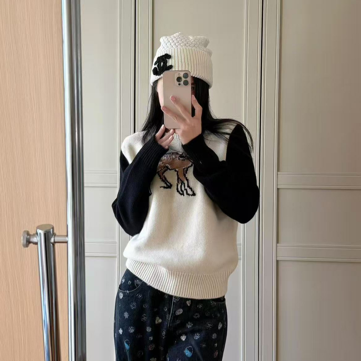 25新款圆领撞色可爱小鹿提花图案针织衫长袖毛衣上衣显瘦打底衫