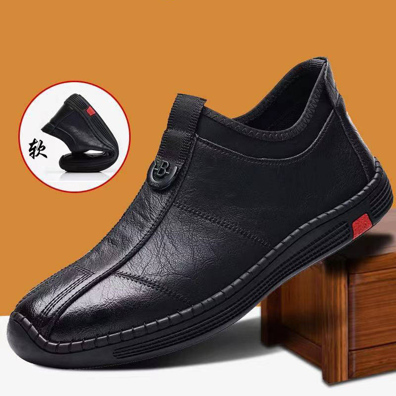 Bốt nam cổ trung lót lông giữ ấm chống trượt, giày da lười đế bằng — giày nâu, giày đen, Lông cừu đen, Màu nâu cộng với nhung