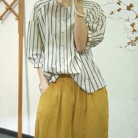 夏季新款素凡卡韩系小众简约风竖条纹单排扣圆领衬衫半袖宽松衬衣