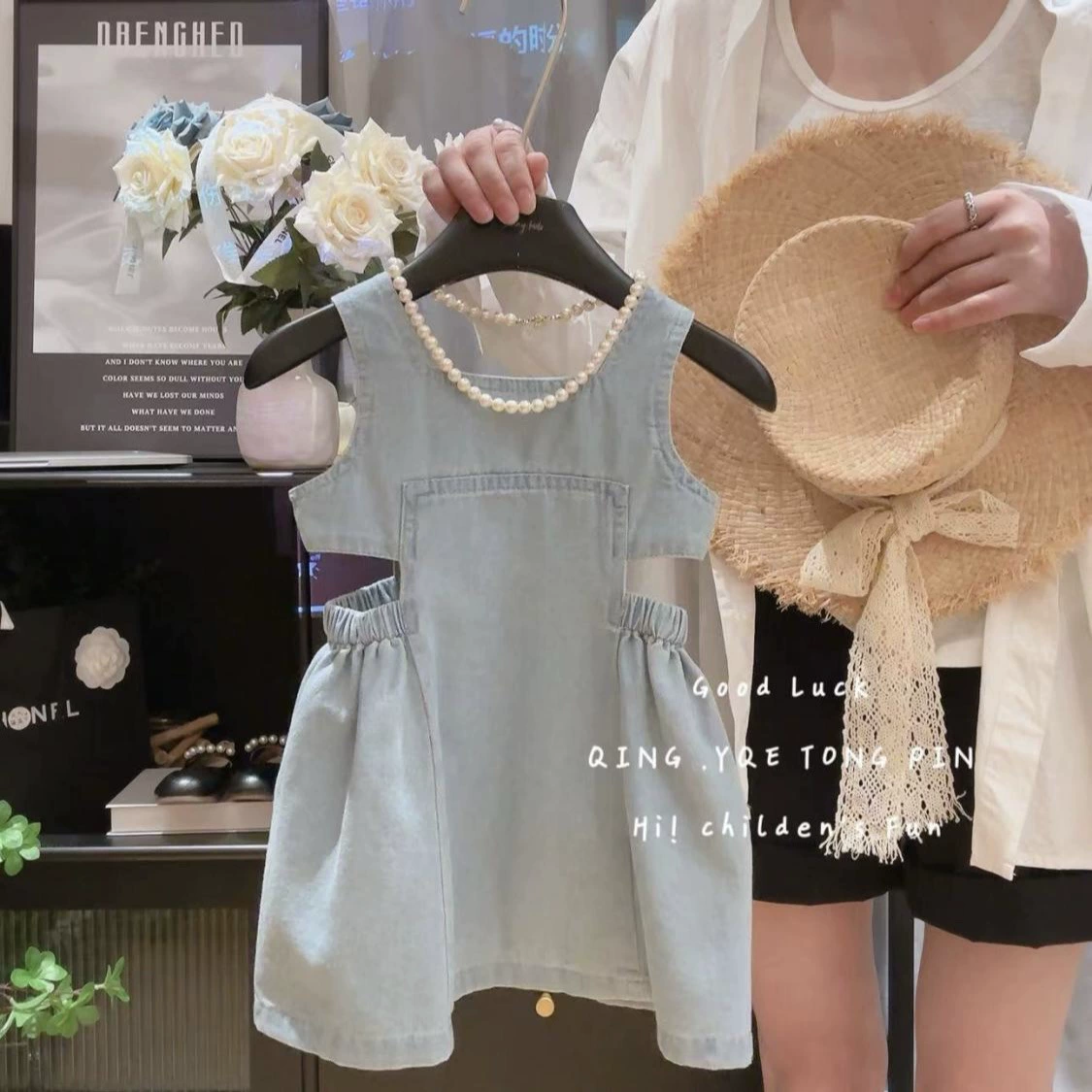 Denim Summer Overall Dress for Girls, Korean-Western Style, Cotton Denim, Sizes for 90–140 cm