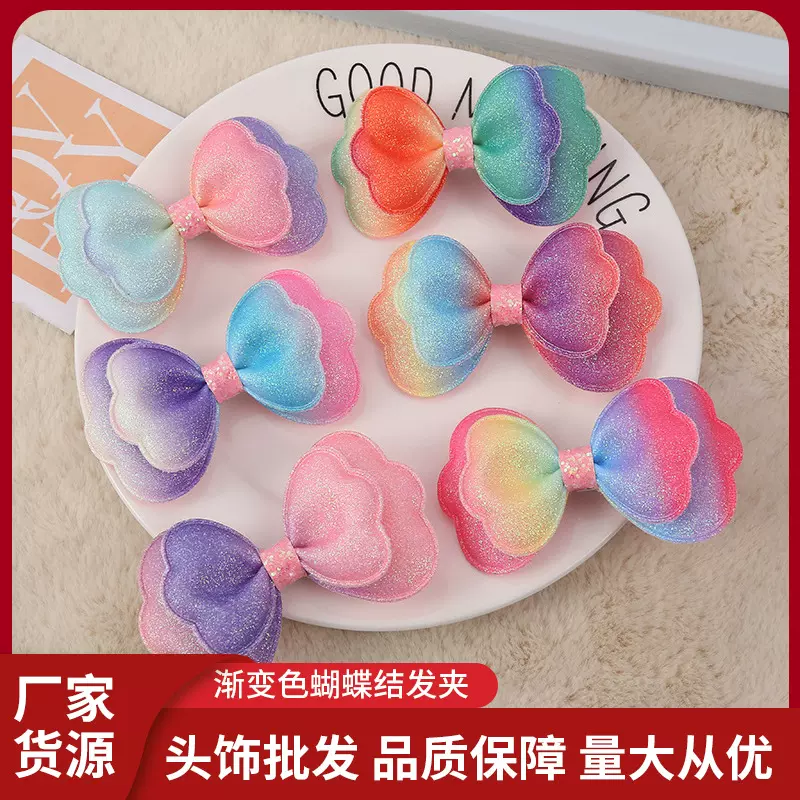 轻奢风渐变蝴蝶结高质量褶皱女士发夹饰品卡通头饰边夹蝴蝶结批发