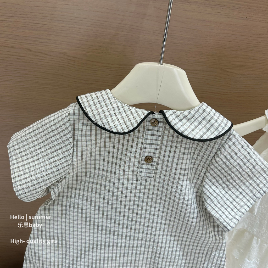 [Le En baby] 25 vestido a cuadros con cuello de muñeca en contraste para niñas de verano, vestido de princesa dulce, falda de estilo occidental