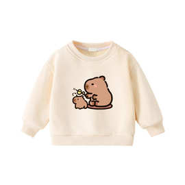 网红卡皮巴拉水豚君印花中大童卫衣休闲圆领加绒儿童长袖打底上衣