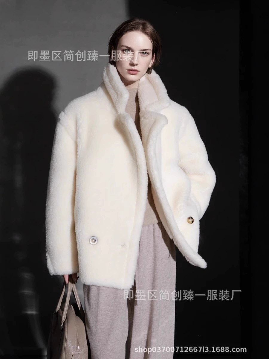 Double‑faced wool teddy coat, 100% wool, rice white, handmade detailing, S–M