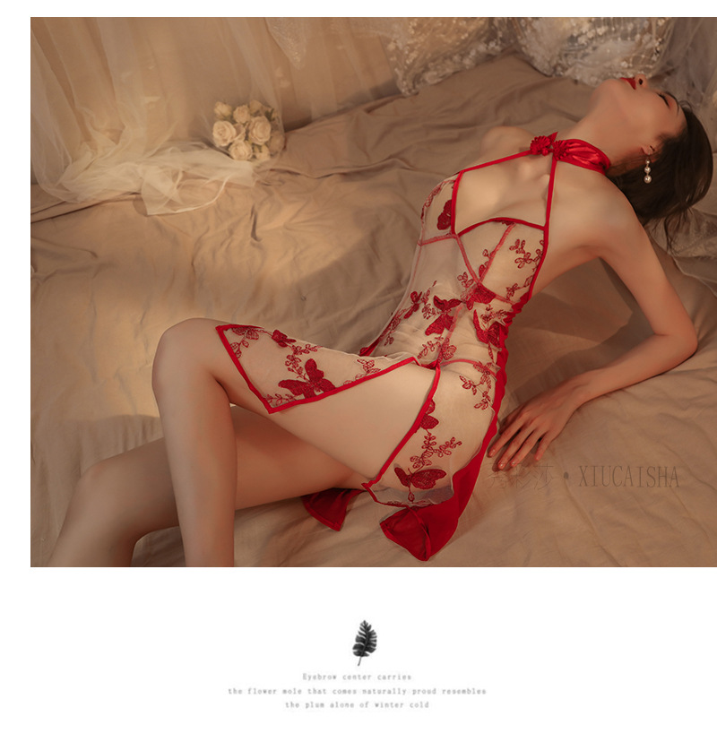 Retro Embroidered Sheer Cheongsam Nightgown Set with Matching Briefs, Black One Size — detail image 14