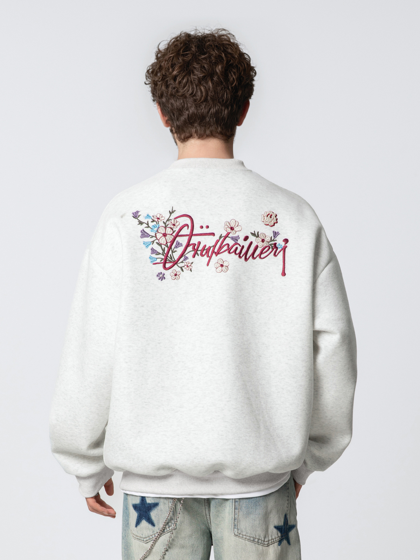 380 グラムヘビーウェイトコントラストカラーフラワーレター刺繍ラウンドネックスウェットシャツメンズ秋の質感ルーズカジュアルプルオーバージャケット