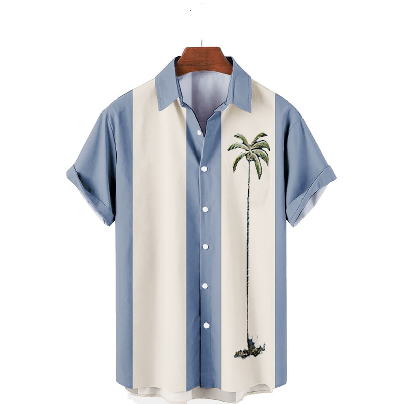 Cross-border European and American independent station new men's shirt 3D digital printing Hawaii wide striped casual short-sleeved shirt