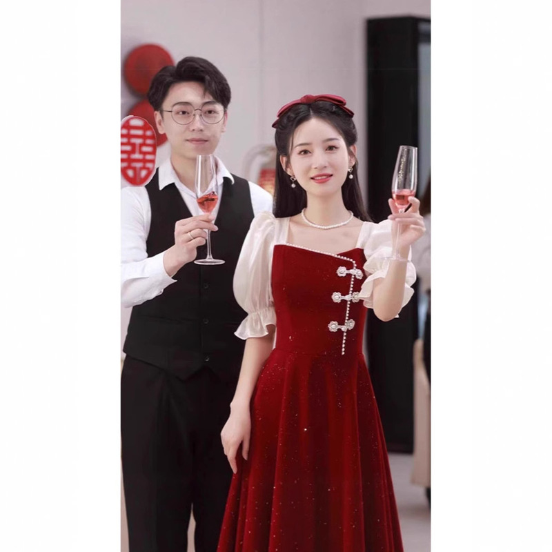 Bride's Petite Burgundy Toast Dress, Suitable for Everyday Wear, Spring Engagement Dress, Wedding Party, Homecoming Gown for Women