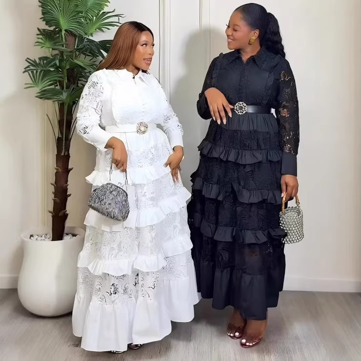 Lace Patchwork Ruffled Long Dress, Collared Shirt-Style Waist-Cinching Dress, Banquet Dress, Holiday-Style Dress Lace Patchwork Ruffled Long Dress, Collared Shirt-Style Waist-Cinching Dress, Banquet Dress, Holiday-Style Dress