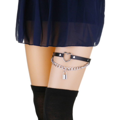 Gothic punk fashion leather chain leg lock belt personalized stage high elastic love peach-shaped thigh ring garter belt